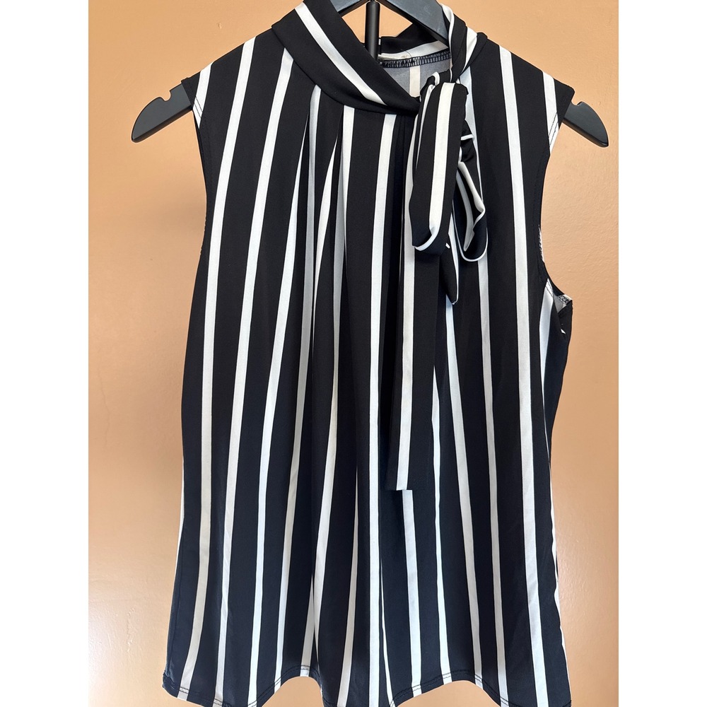 JM Fleurette Petite Womens Large‎ Black White Striped Tie Neck Sleeveless Blouse